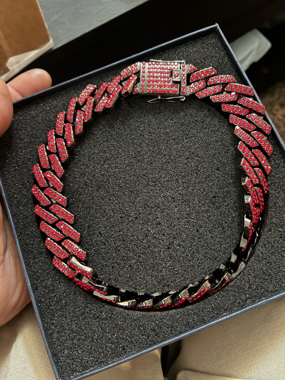 Red Cuban Link Necklace with Pavé Stones - Men